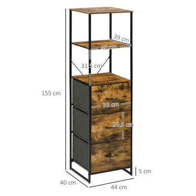 HOMCOM Industrial Storage Cabinet with 2 Open Shelves and 3 Foldable Fabric Drawers, Multifunctional Bookshelf in Living Room, Study, Bedroom, Rustic Brown 