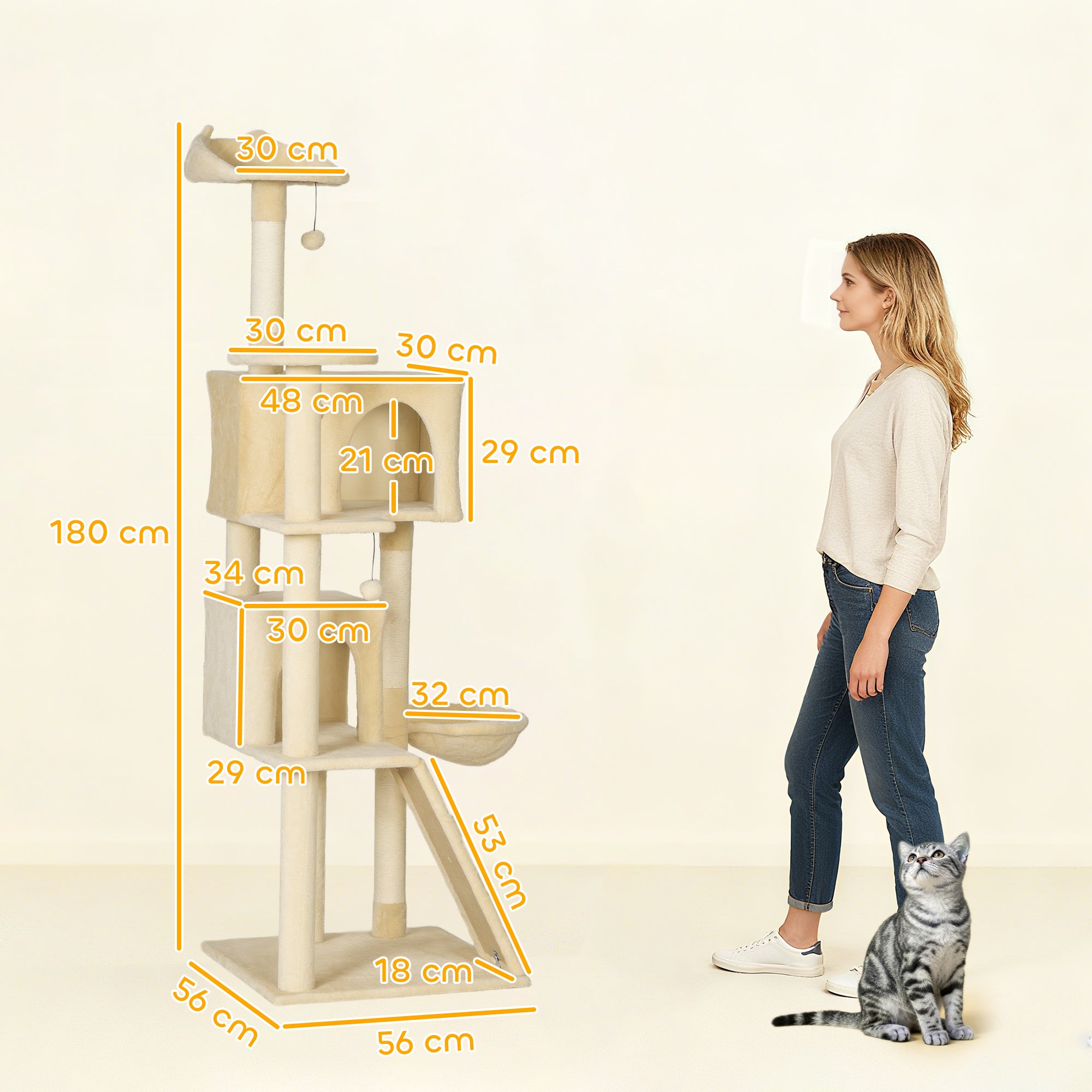 PawHut 180cm Large Cat Tree Tower with Sisal Scratching Posts, Condos, Plush Perches, Hammock, Ladder, Beige 