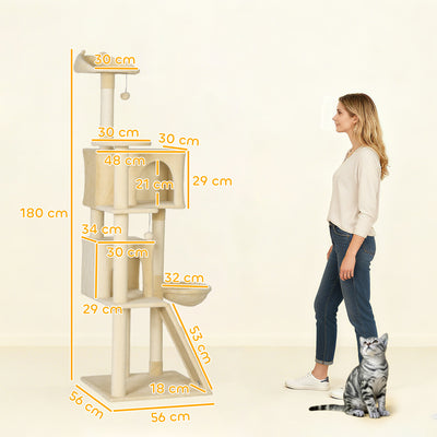 PawHut 180cm Large Cat Tree Tower with Sisal Scratching Posts, Condos, Plush Perches, Hammock, Ladder, Beige 