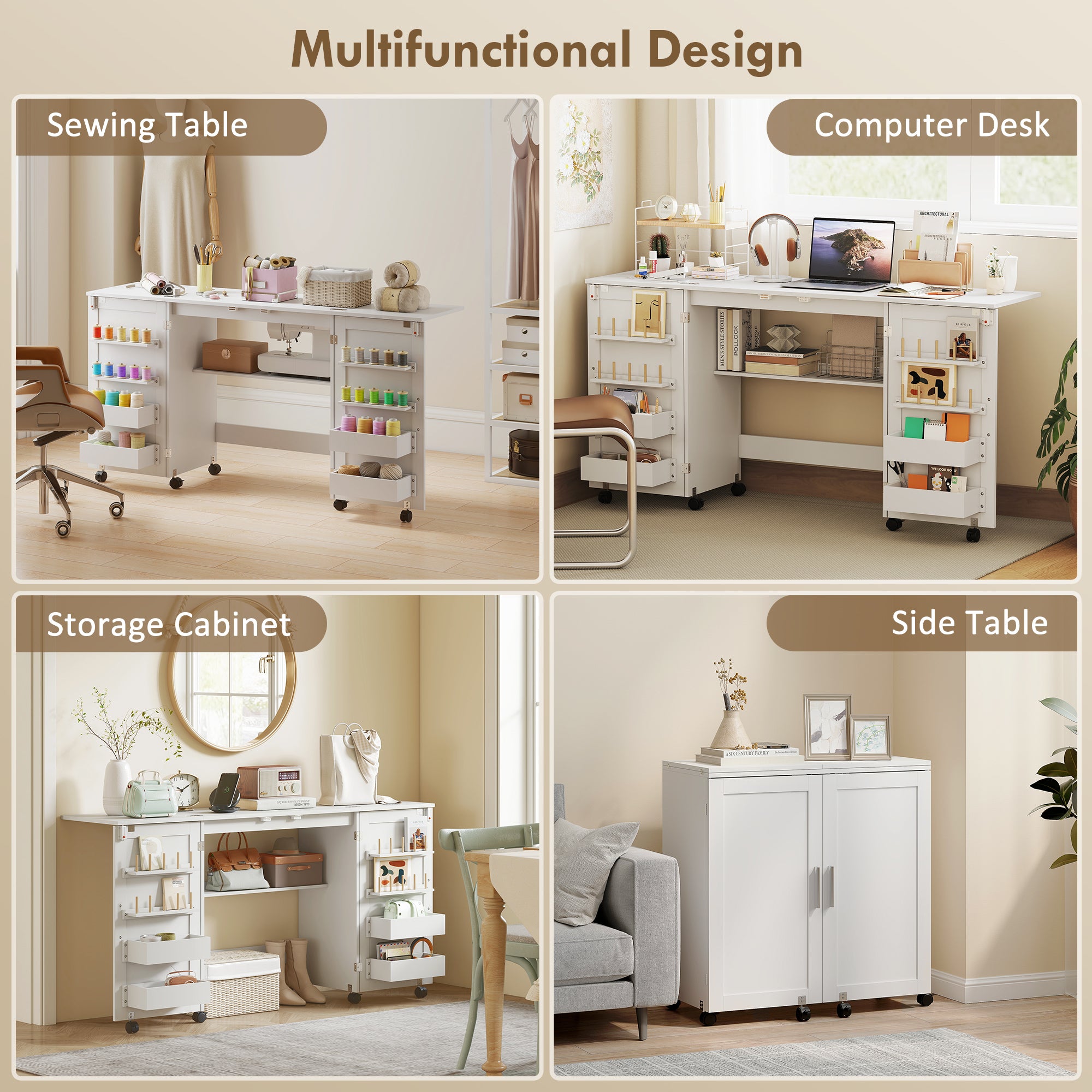 HOMCOM Folding Sewing Table with 2 Magnetic Doors, Storage Shelf, Lockable Wheels, Space Saving, White 