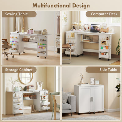 HOMCOM Folding Sewing Table with 2 Magnetic Doors, Storage Shelf, Lockable Wheels, Space Saving, White 