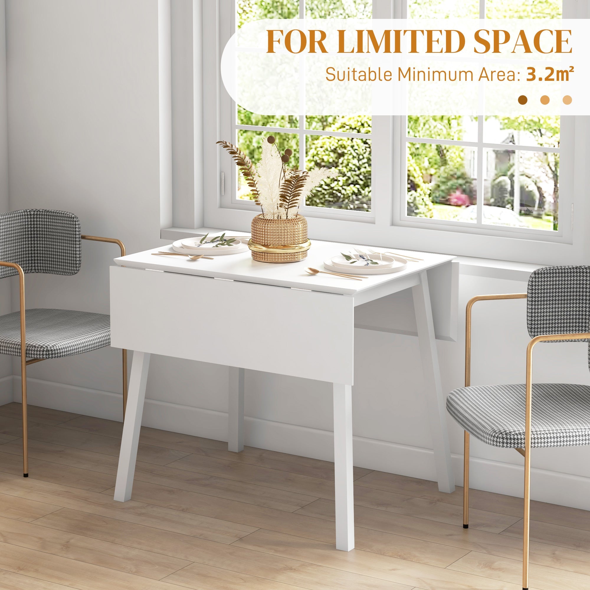 HOMCOM Solid Wood Folding Dining Table, Drop Leaf Table for 2-4 People, Rectangle Kitchen Table for Small Space, White 
