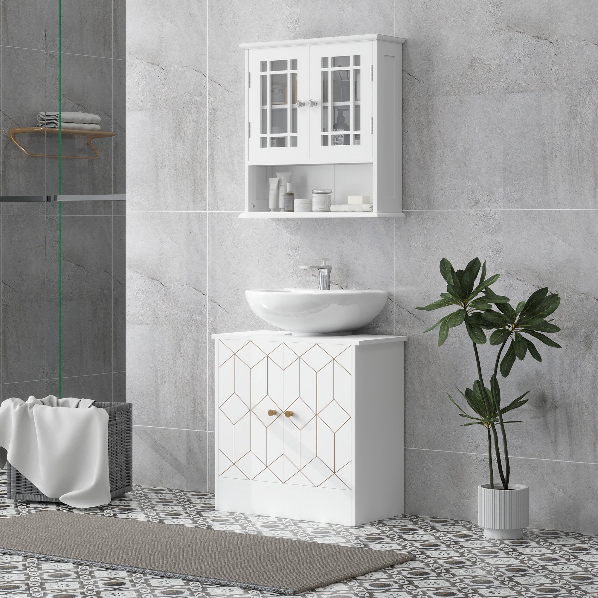 HOMCOM Under Sink Bathroom Cabinet, Under Sink Cabinet with Adjustable Shelf and Open Compartment for Basin with or without Pedestal, 60 x 30 x 60cm, White 