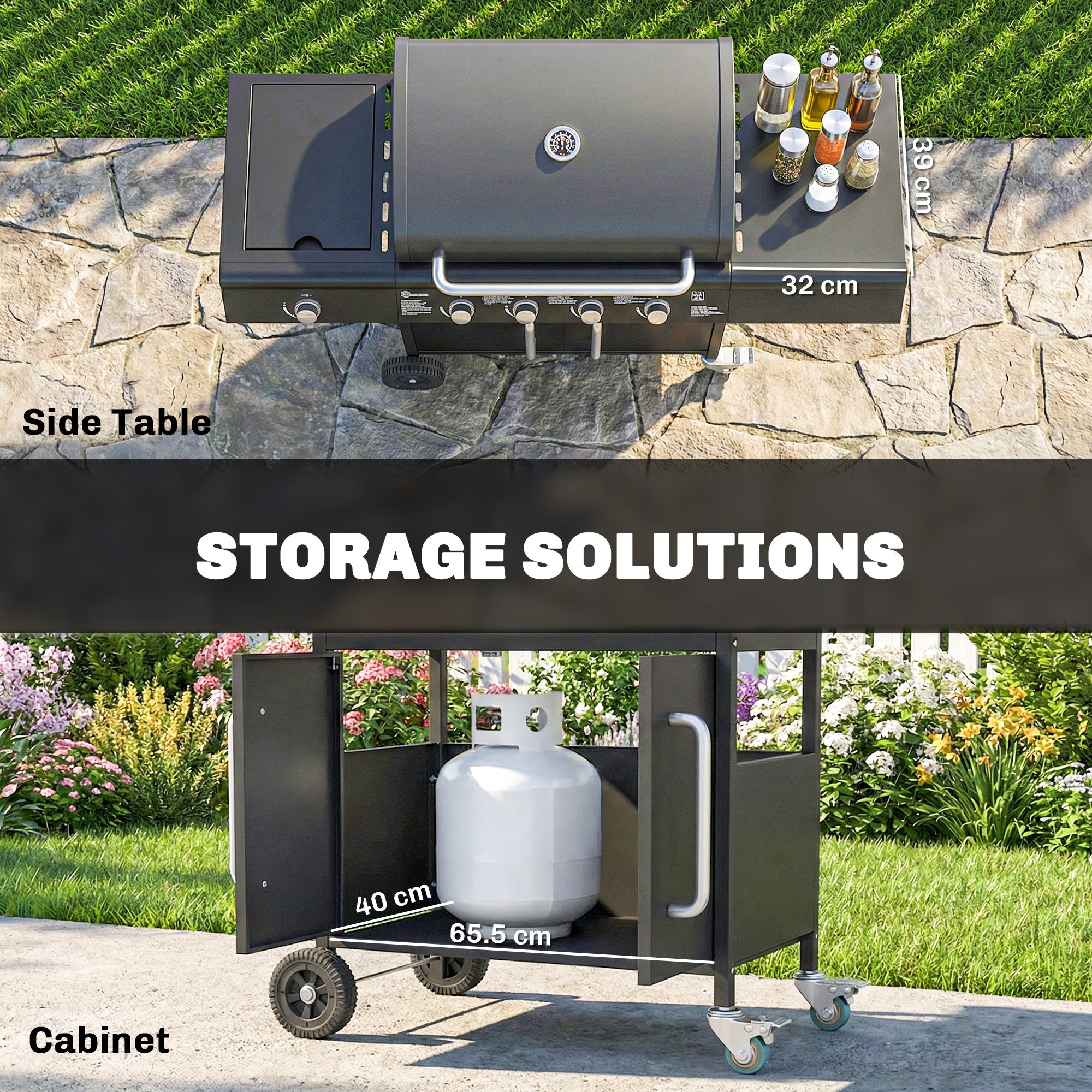 Outsunny 4+1 Burner Gas BBQ Grill with Storage Cabinet, 15.2 kW Gas Barbecue Trolley with Side Table, 4 Wheels, Warming Rack 