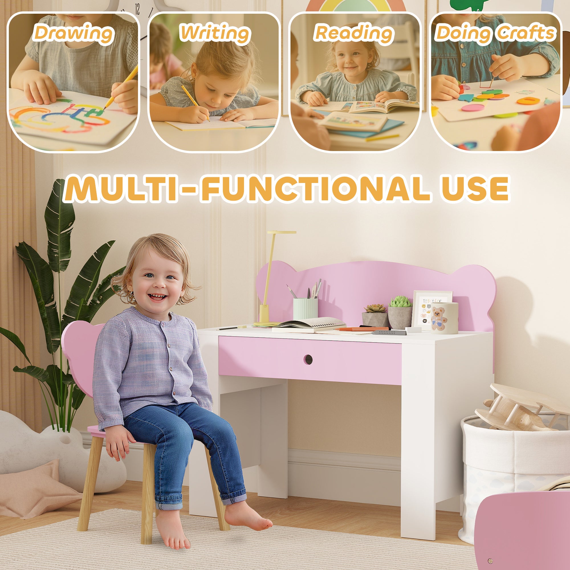 AIYAPLAY Kids Desk and Chair Set with Drawer for Drawing, Reading, Bear Theme Children Furniture for Bedroom, Daycare, Pink 