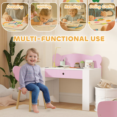 AIYAPLAY Kids Desk and Chair Set with Drawer for Drawing, Reading, Bear Theme Children Furniture for Bedroom, Daycare, Pink 
