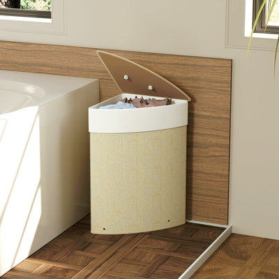 HOMCOM Bamboo Laundry Basket with Lid, 55L Corner Laundry Hamper with Removable Washable Liner Bag, Bathroom Triangle Washing Basket, 35 x 35 x 60 cm, Nature Wood Finish 