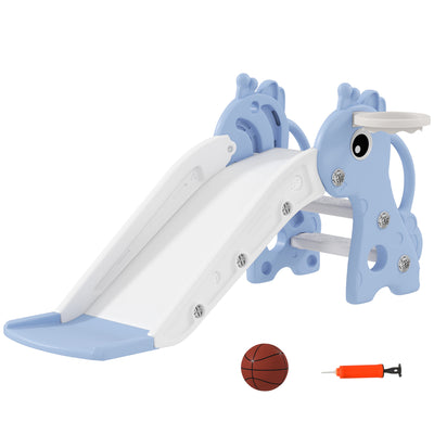 AIYAPLAY 3 in 1 Kids Slide with Climber, Basketball Hoop and Ball, Giraffe Shape Climber Slide for Indoor Kids Age 1-3, Blue 