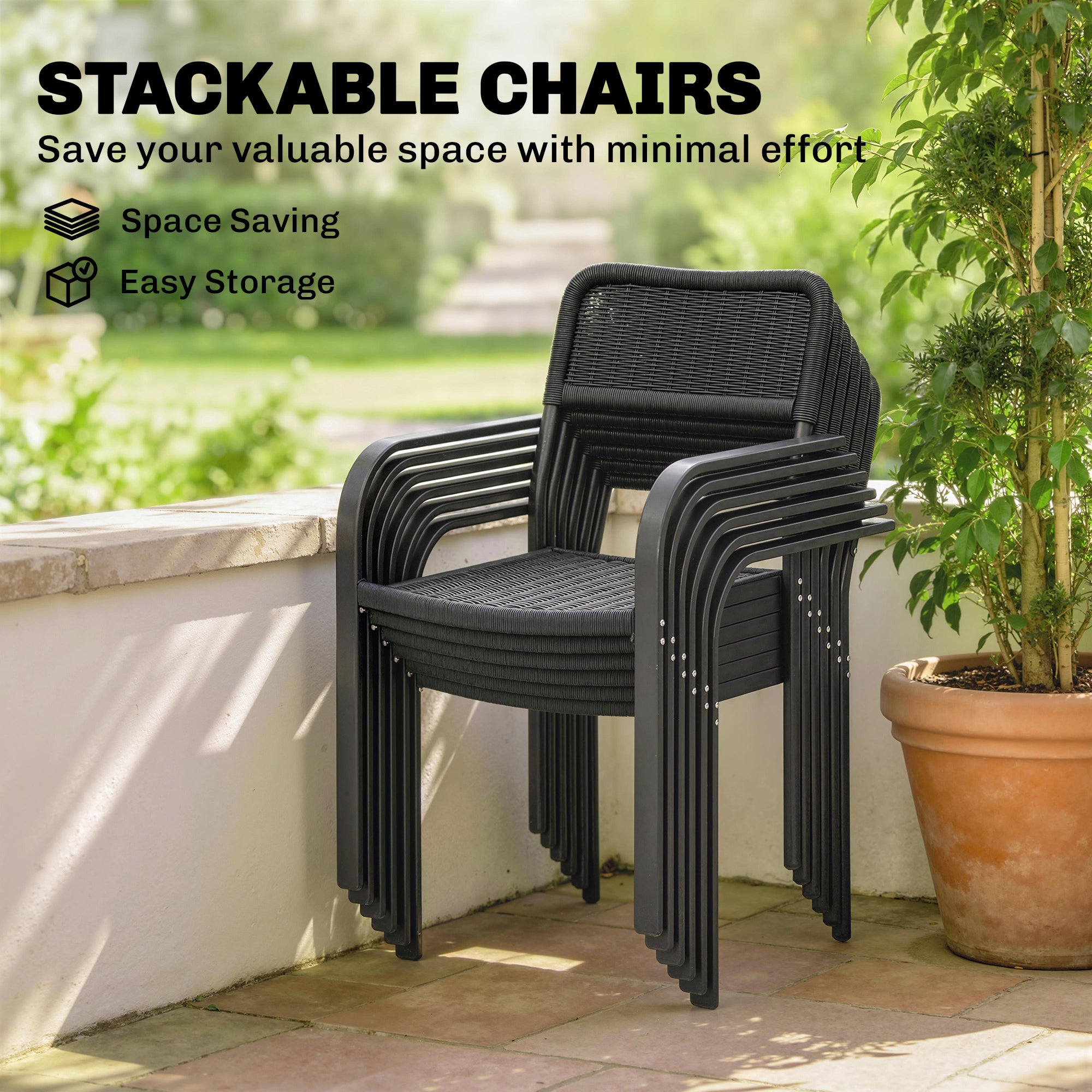 Outsunny Garden Dining Set for 6, Faux Wood Metal Outdoor Table and Stackable Chairs with Plastic Rattan Effect Seat, Black 