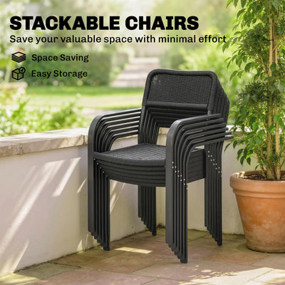 Outsunny Garden Dining Set for 6, Faux Wood Metal Outdoor Table and Stackable Chairs with Plastic Rattan Effect Seat, Black 
