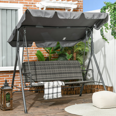 Outsunny 3-Seater Outdoor PE Rattan Swing Chair, Patio Wicker Hanging Swing Bench with Steel Frame Stand & Adjustable Canopy, Grey 