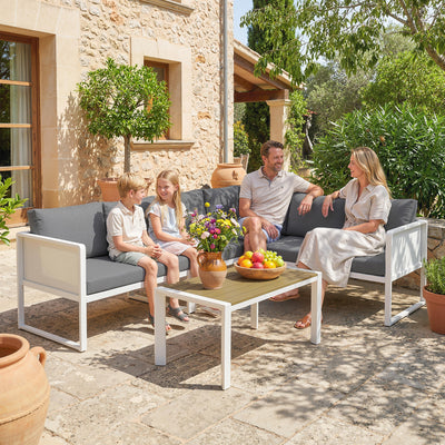 Outsunny 6 Seater Metal Garden Furniture Corner Sofa Set with 3 Loveseats, Faux Wood Table, Texteline Seat, Cushions, White 