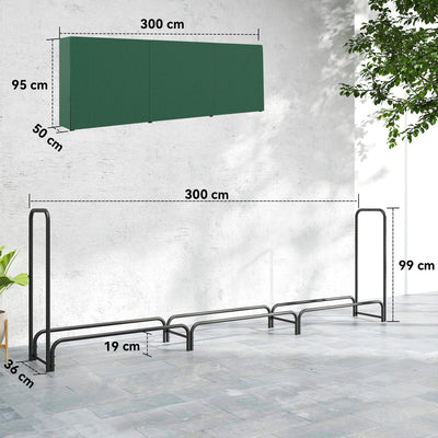 Outsunny Firewood Rack with Waterproof Cover, Heavy Duty Metal Log Store Indoors, Log Storage Holder for Outdoor Indoor Fireplace, 300 x 36 x 99 cm, Dark Green 