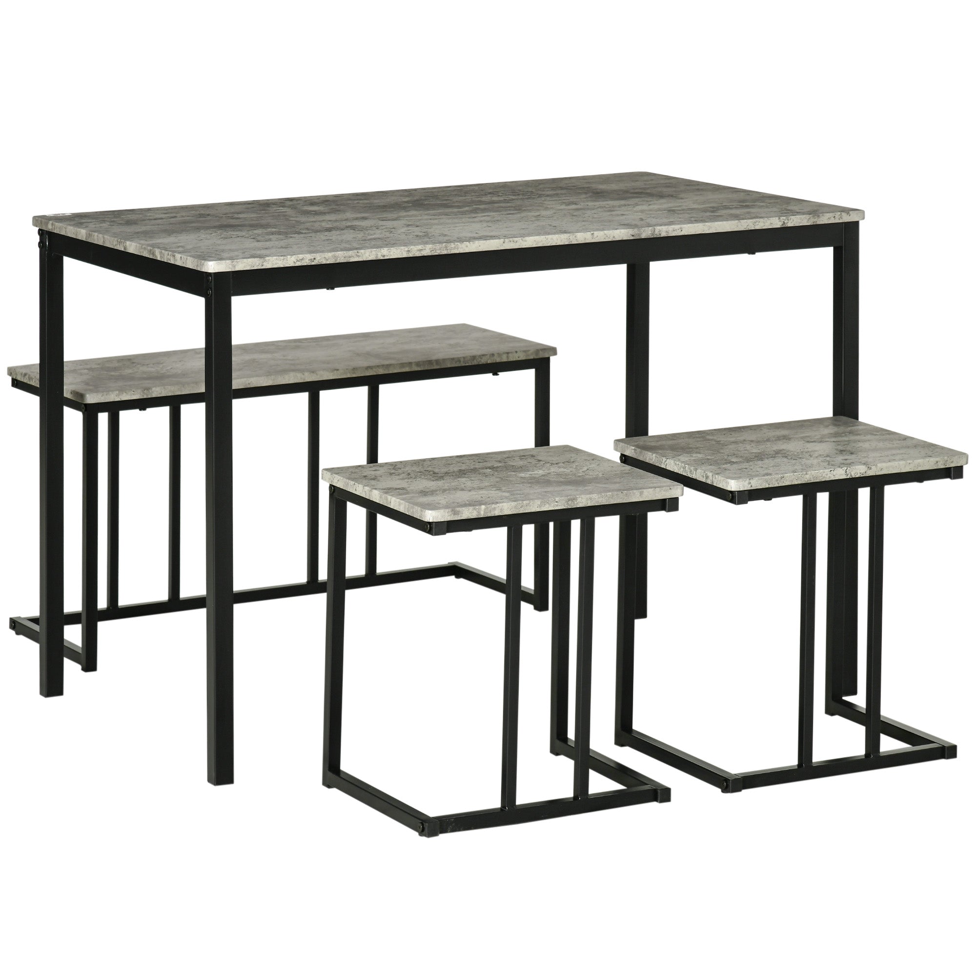 HOMCOM Dining Table and Chairs Set for 4 People, Concrete Effect Kitchen Table and Bench Set with Steel Frame, 4 Piece Dining Room Sets, Grey 