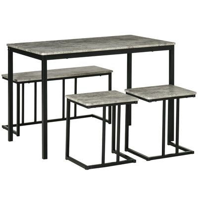 HOMCOM Dining Table and Chairs Set for 4 People, Concrete Effect Kitchen Table and Bench Set with Steel Frame, 4 Piece Dining Room Sets, Grey 