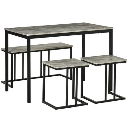 HOMCOM Dining Table and Chairs Set for 4 People, Concrete Effect Kitchen Table and Bench Set with Steel Frame, 4 Piece Dining Room Sets, Grey 