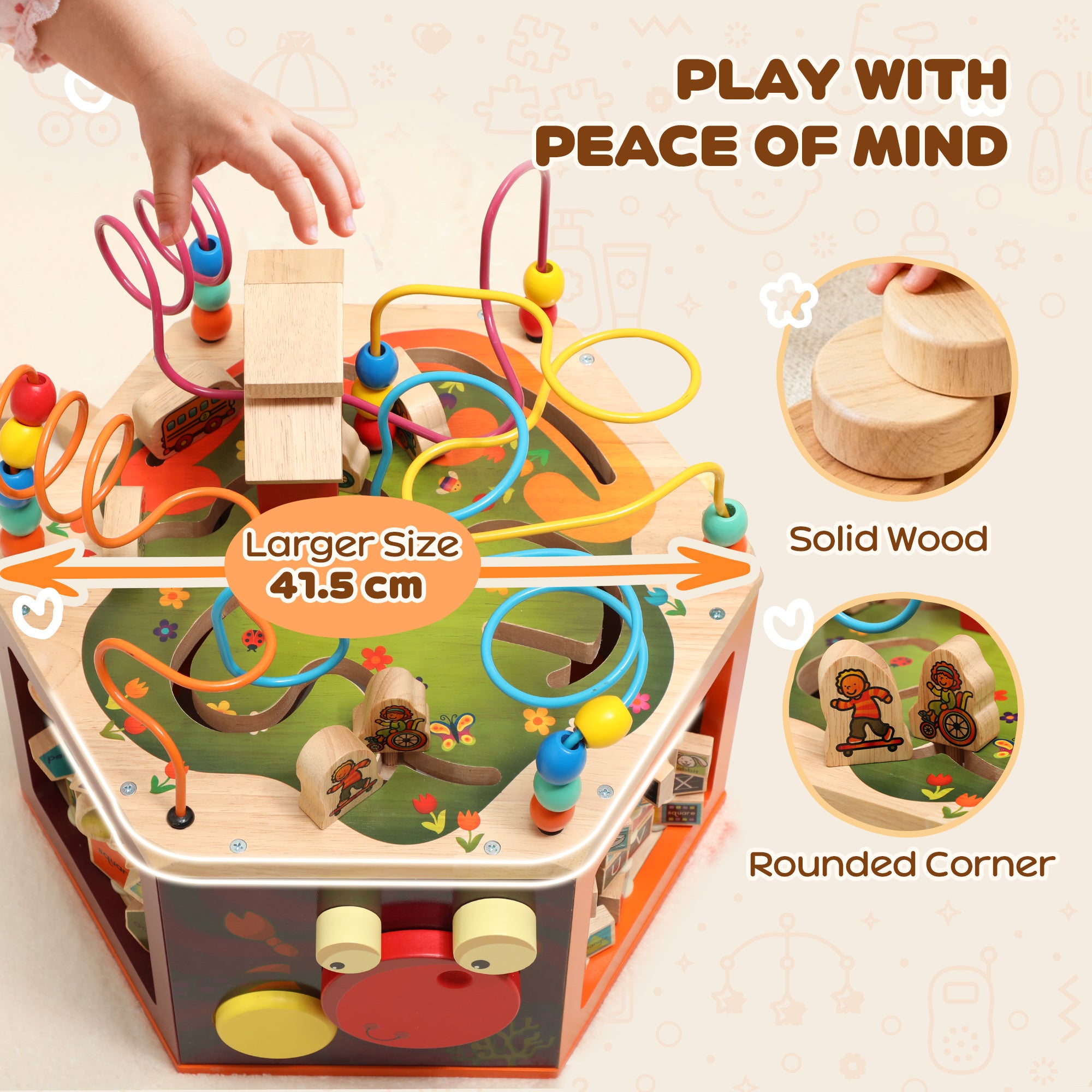AIYAPLAY 8 in 1 Wooden Activity Cube with Bead Maze, Shape Sorter, for Kids Boys Girls 18+ Months 