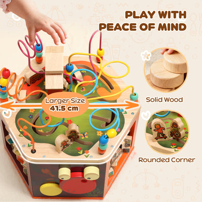 AIYAPLAY 8 in 1 Wooden Activity Cube with Bead Maze, Shape Sorter, for Kids Boys Girls 18+ Months 