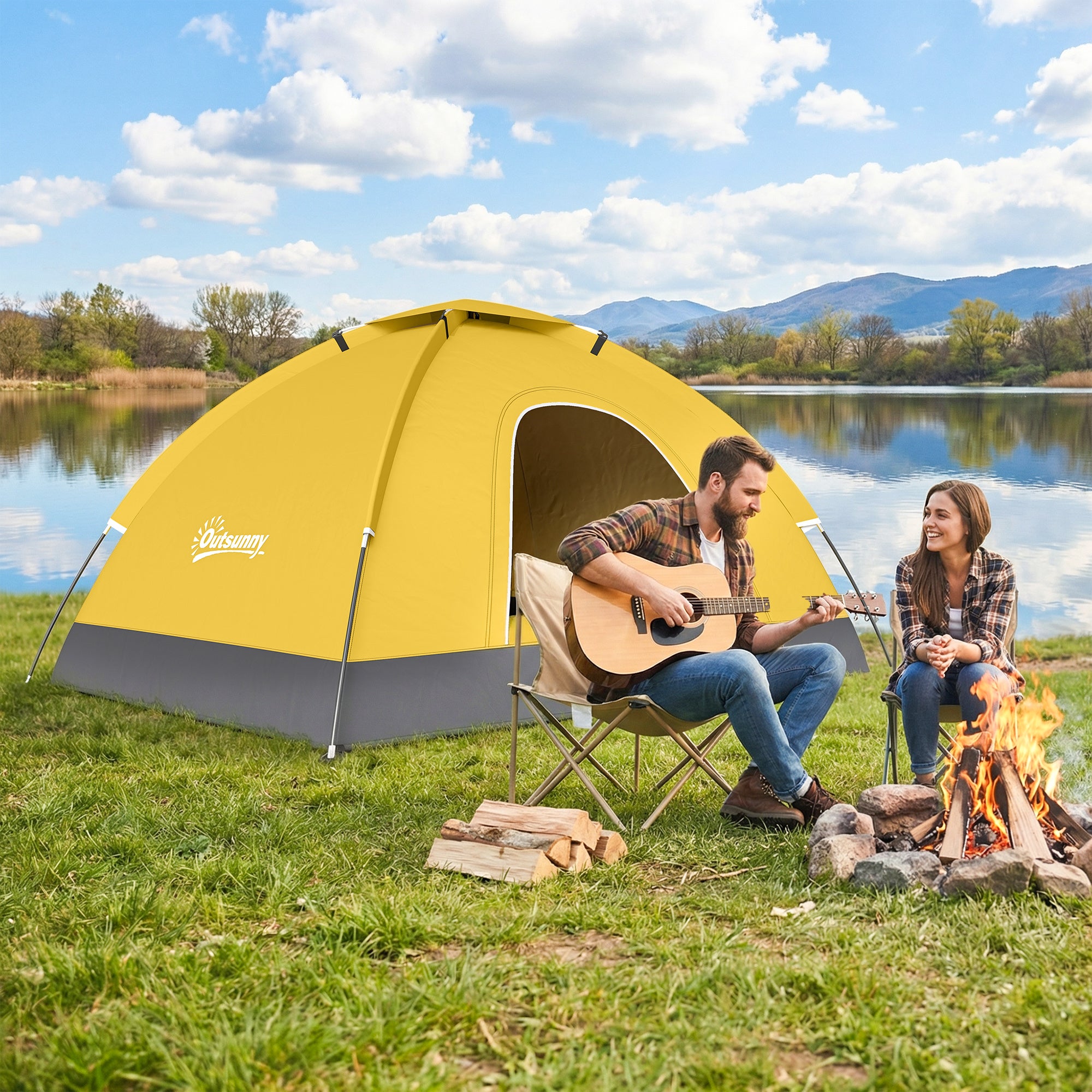 Outsunny 2 Person Camping Tent, Dome Tent with Zipped Doors, Storage Pocket, Portable Handy Bag, Yellow 