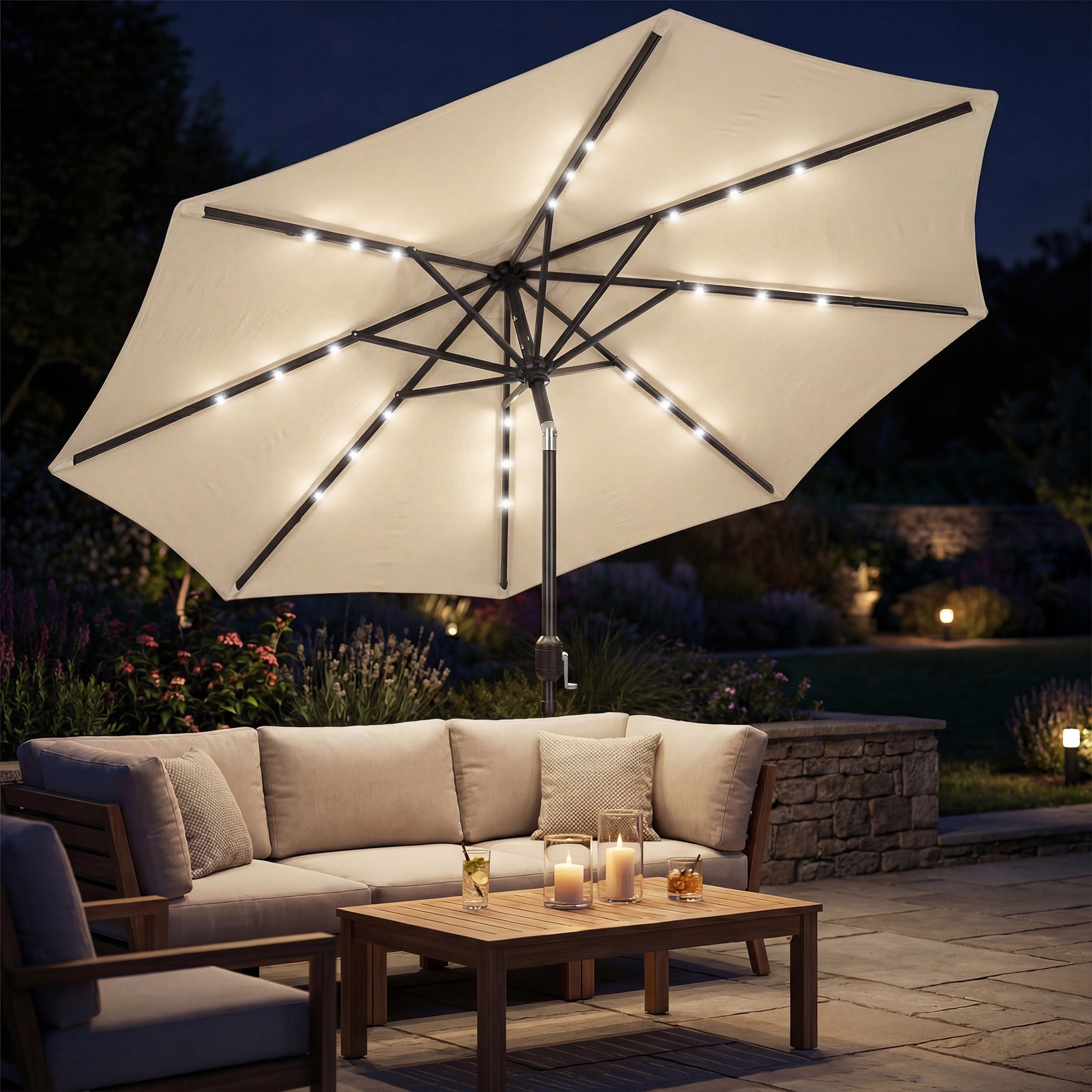 Outsunny 2.6 m Garden Parasol Umbrella with LED Solar Light, Parasol Cover, Outdoor Market Patio Umbrella, Beige 