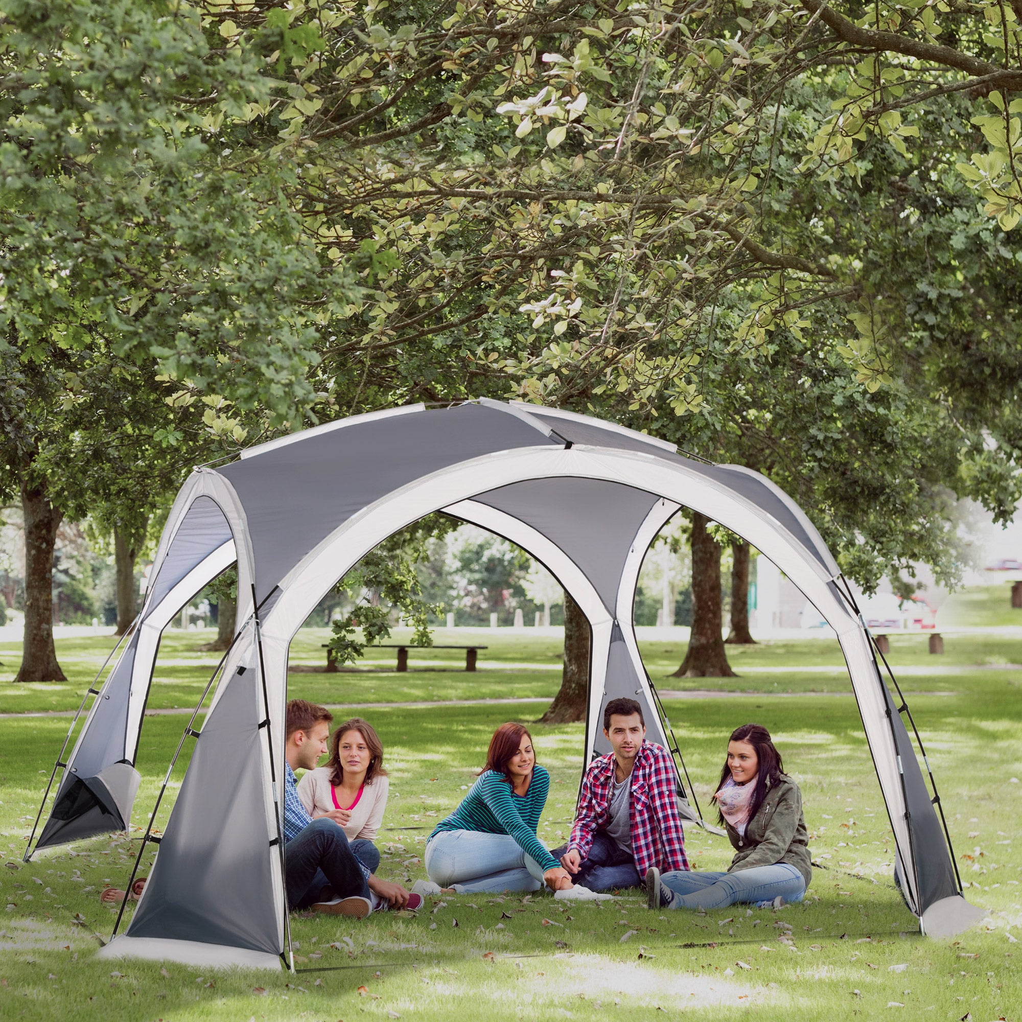 Outsunny Dome Tent for 6-8 Person, Camping Tent with 4 Zipped Mesh Doors, Removable Oxford Cloth, Lamp Hook, Portable Carry Bag, White and Grey 