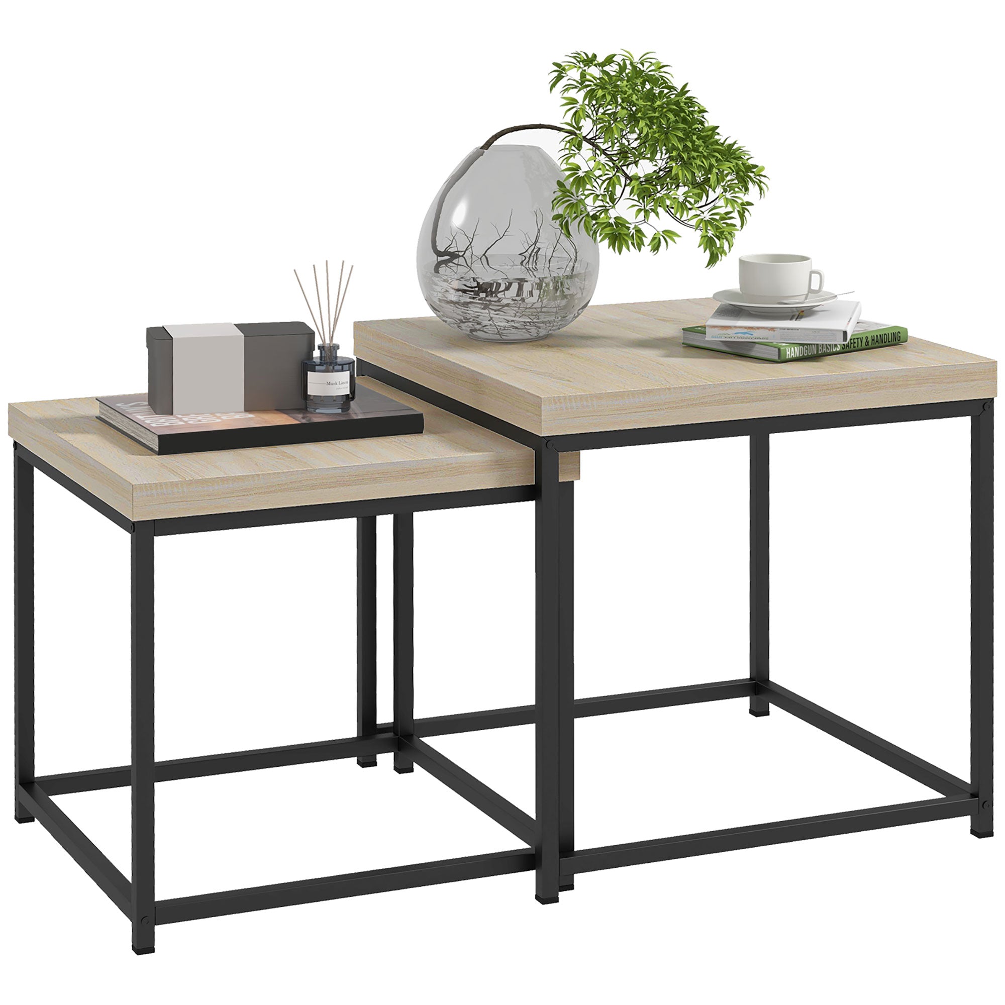 HOMCOM Coffee Table Set of 2, Nest of Tables with 3.5cm Thick Tabletop, Oak 