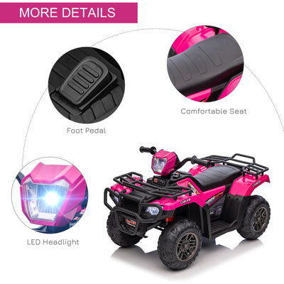 HOMCOM 12V Kids Quad Bike with Forward, Reverse Functions, Ride-On ATV w/ Music, LED, Headlights, for Ages 3-5 Years - Pink 