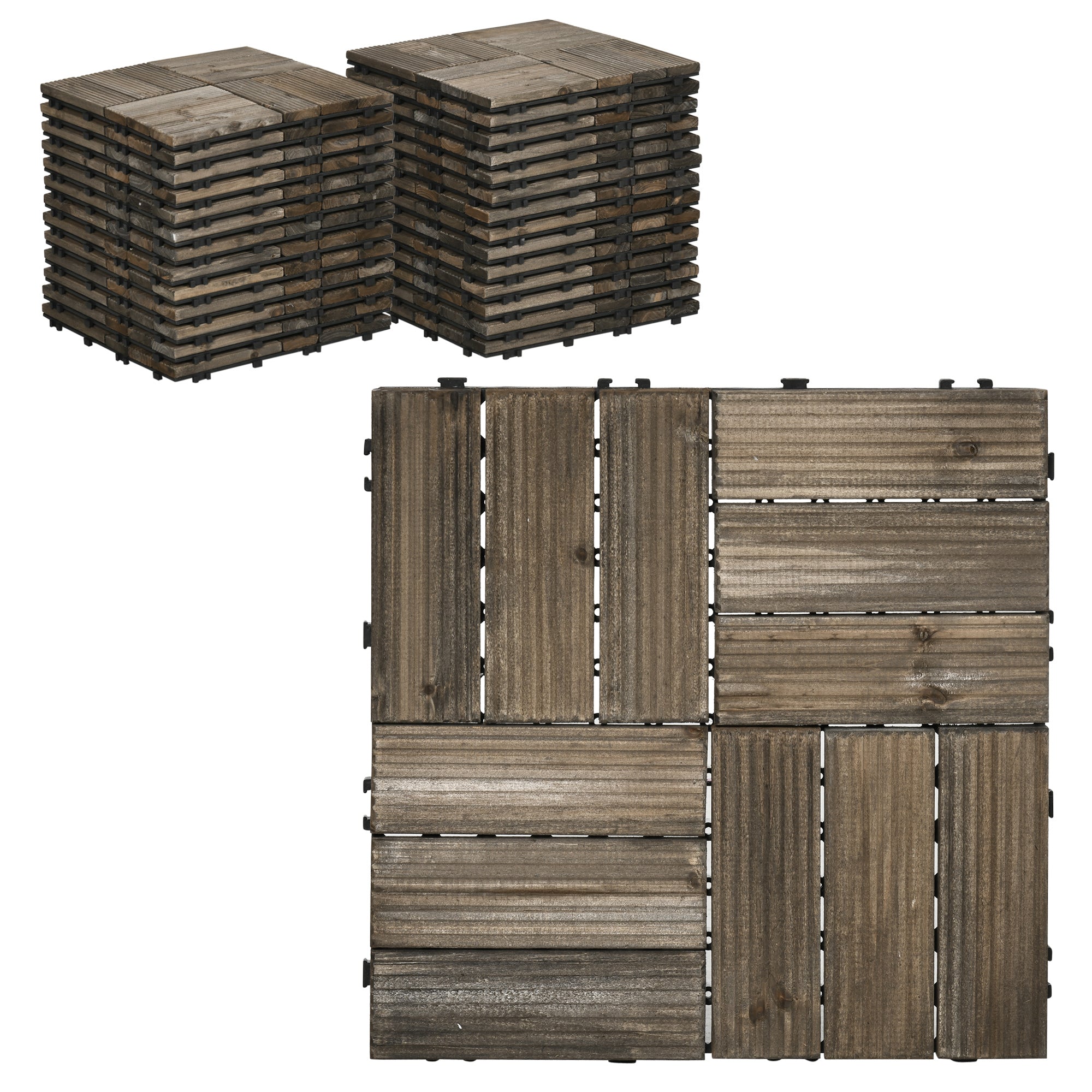 Outsunny 27 Pcs Wooden Interlocking Decking Tiles, Outdoor Flooring Tiles for Patio, Balcony, Terrace, Hot Tub, 30 x 30 cm per Piece, 2.5\'e3\'8e\'a1 per Pack, Charcoal Grey