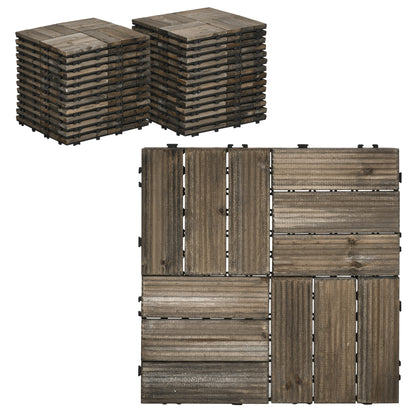 Outsunny 27 Pcs Wooden Interlocking Decking Tiles, Outdoor Flooring Tiles for Patio, Balcony, Terrace, Hot Tub, 30 x 30 cm per Piece, 2.5\'e3\'8e\'a1 per Pack, Charcoal Grey