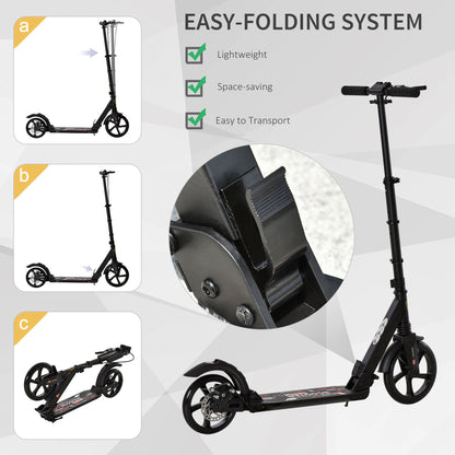 HOMCOM Kick Scooter, Folding 2 Wheel Scooter for 14+ Teens Adults, with Dual Brake System, Dual Suspension, 230mm Big Wheels, 3 Adjustable Handlebar, up to 100KG, Black 