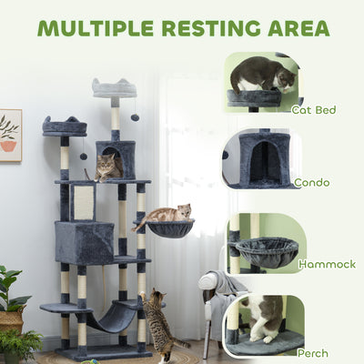 PawHut 206cm Cat Tree, Multi-Level Cat Tower with Scratching Posts and Board, Beds, Condos, Platforms, Toy Balls, Dark Grey 