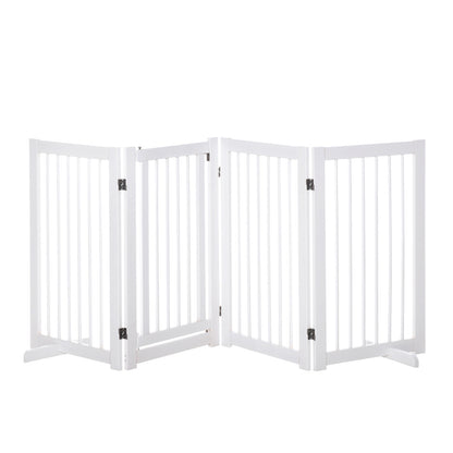 PawHut Freestanding Pet Gate 4 Panels Wooden Dog Safety Fence Foldable with Support Feet for Doorway Stairs 91cm Tall White 