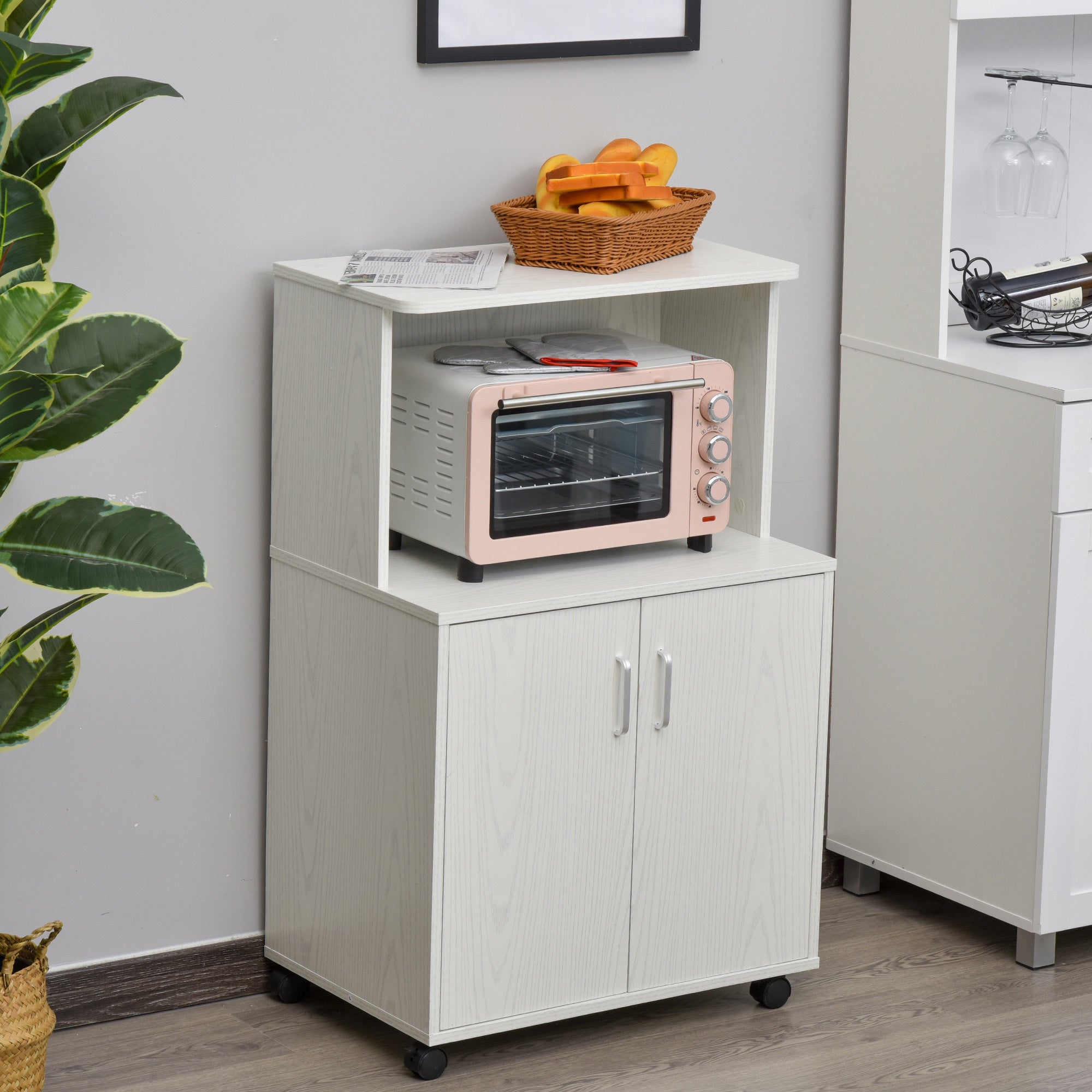 HOMCOM Kitchen Storage Unit, Modern Microwave Stand Trolley Cart, Sideboard with Cabinet,  Locking Wheels, Shelf for Living Room, Dining Room, White 