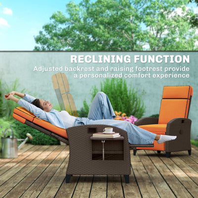 Outsunny Garden Recliner with Cushion, Outdoor Recliner Chair with Adjustable Backrest & Footrest, Side Tray, Orange 