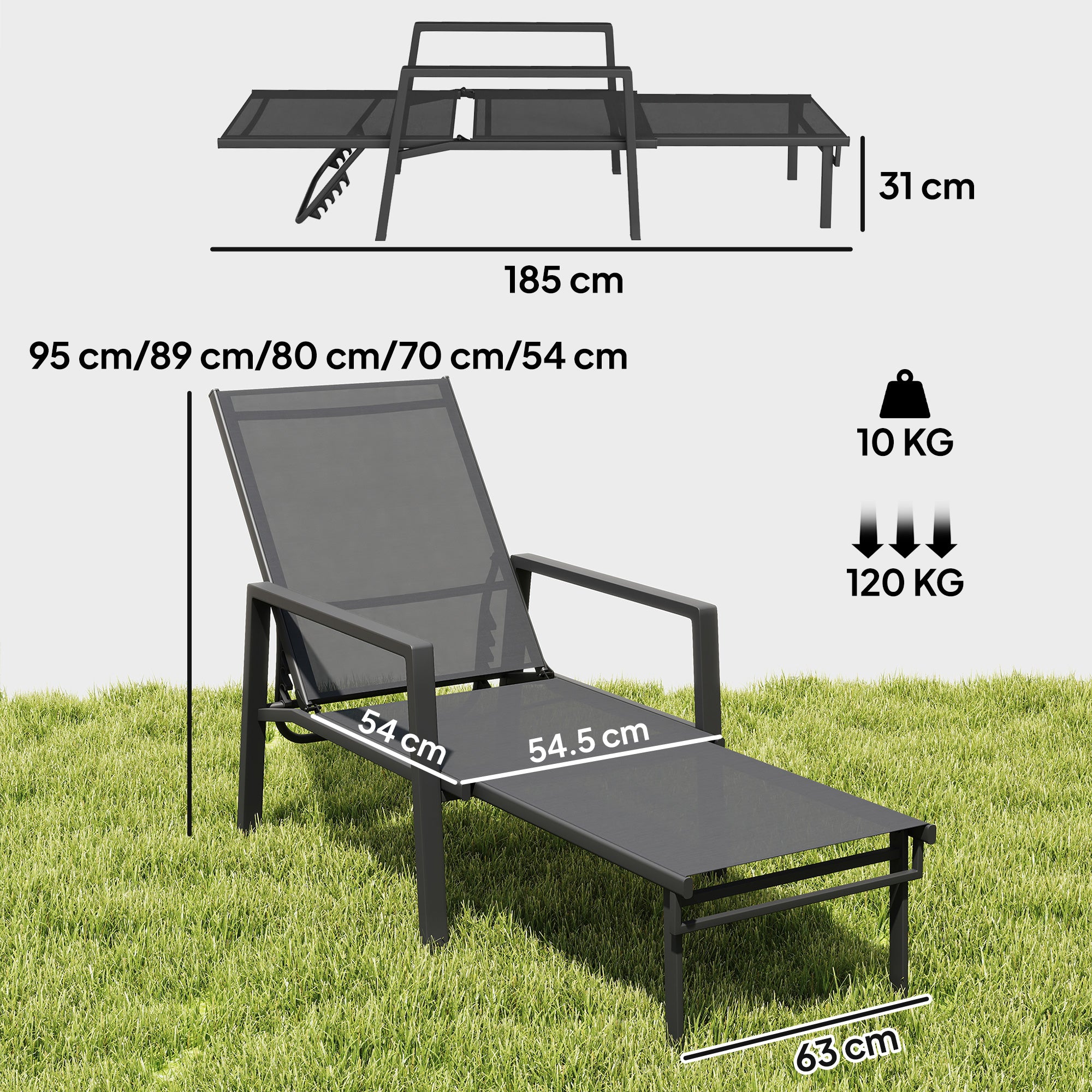 Outsunny Sun Lounger Retracable Footrest 5-Position Adjustable Steel Frame for Beach, Porch, Patio, Camping, Dark Grey 