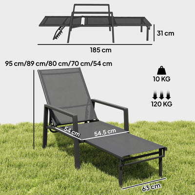 Outsunny Sun Lounger Retracable Footrest 5-Position Adjustable Steel Frame for Beach, Porch, Patio, Camping, Dark Grey 