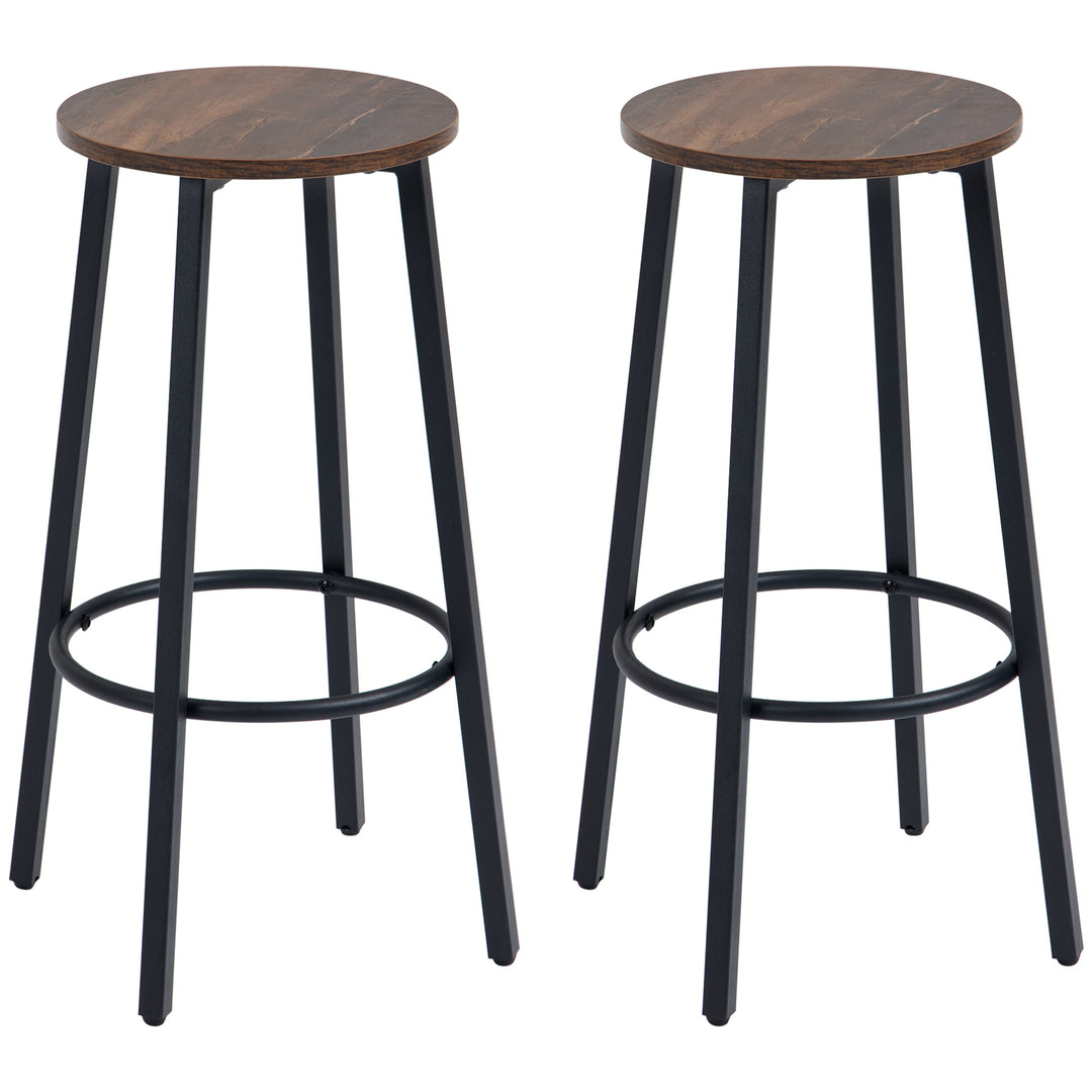 HOMCOM Bar Stools, Set of 2 Kitchen Breakfast Stools with Sturdy Steel Frame, Industrial Tall Bar Chairs, 65cm High Seat, Rustic Brown 