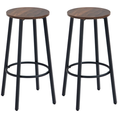 HOMCOM Bar Stools, Set of 2 Kitchen Breakfast Stools with Sturdy Steel Frame, Industrial Tall Bar Chairs, 65cm High Seat, Rustic Brown 