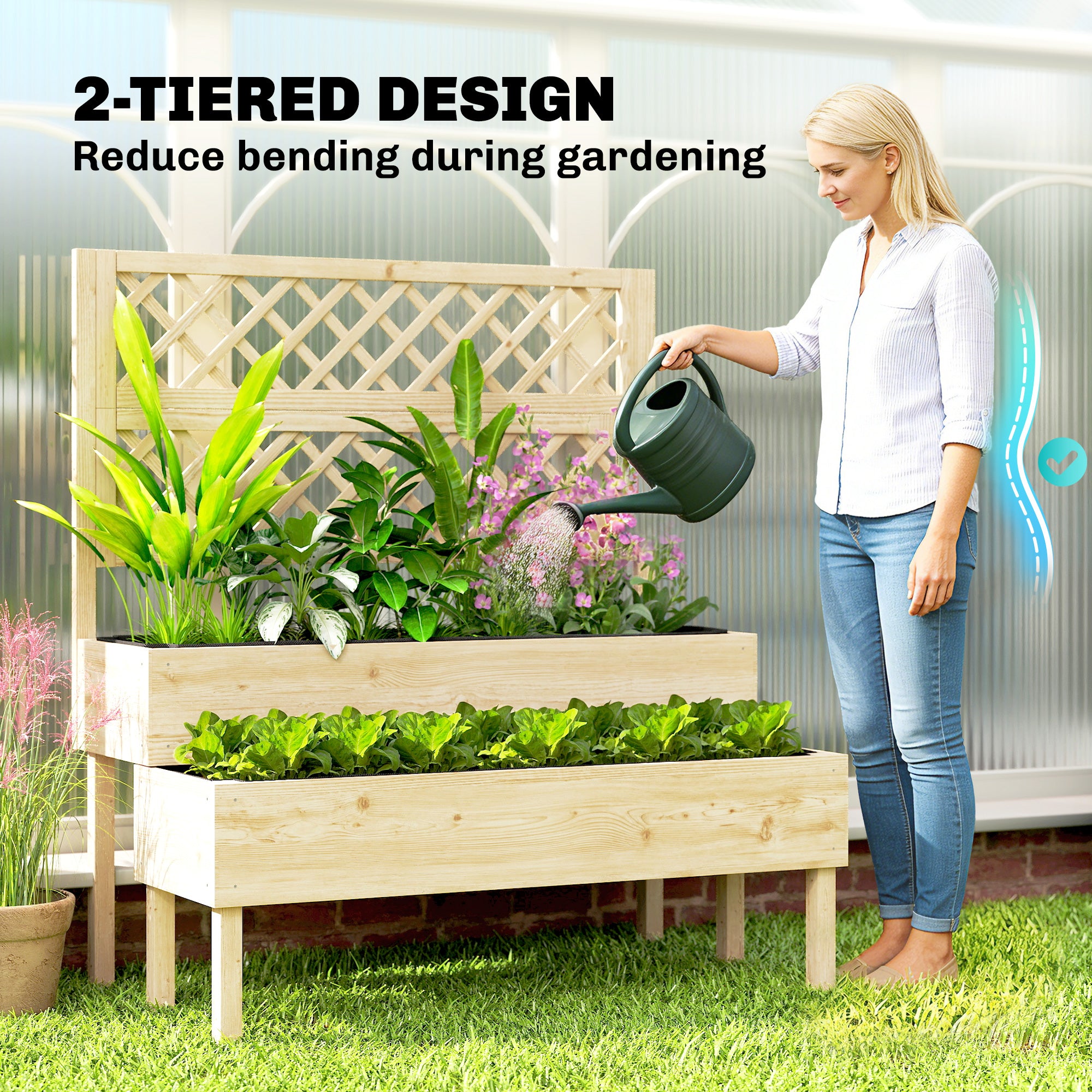 Outsunny Raised Garden Bed 2-Tier Stepped Design Planter Box with Trellis for Climbing Plants 108x62x120 cm 
