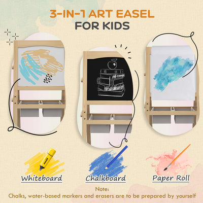 AIYAPLAY Kids Easel with Paper Roll, 3 in 1 Art Easel for Toddlers, Double-Sided Kids Whiteboard Blackboard with Storage Baskets for Ages 3-6 Years - Natural Wood Finish 