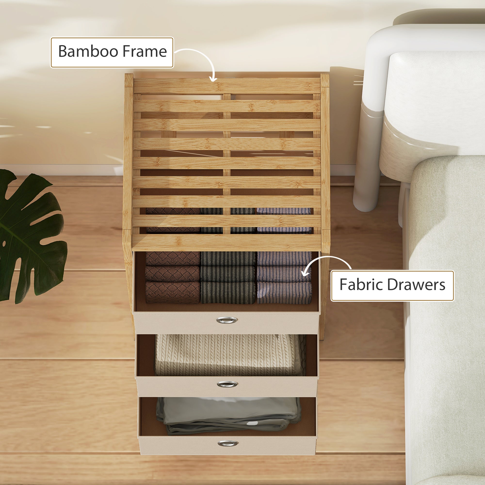 HOMCOM Chest of Drawers, 3 Fabric Drawers Narrow Dresser with Bamboo Frame, Cream White 