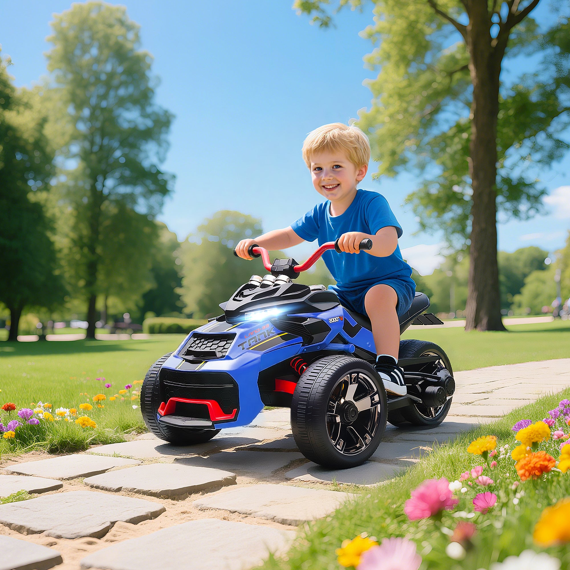 AIYAPLAY 12V Kids Electric Ride On Car with 3 Wheeler, MP3 Player, Horn, 2 Speeds, LED Lights for Boys & Girls Ages 3-8, Blue 