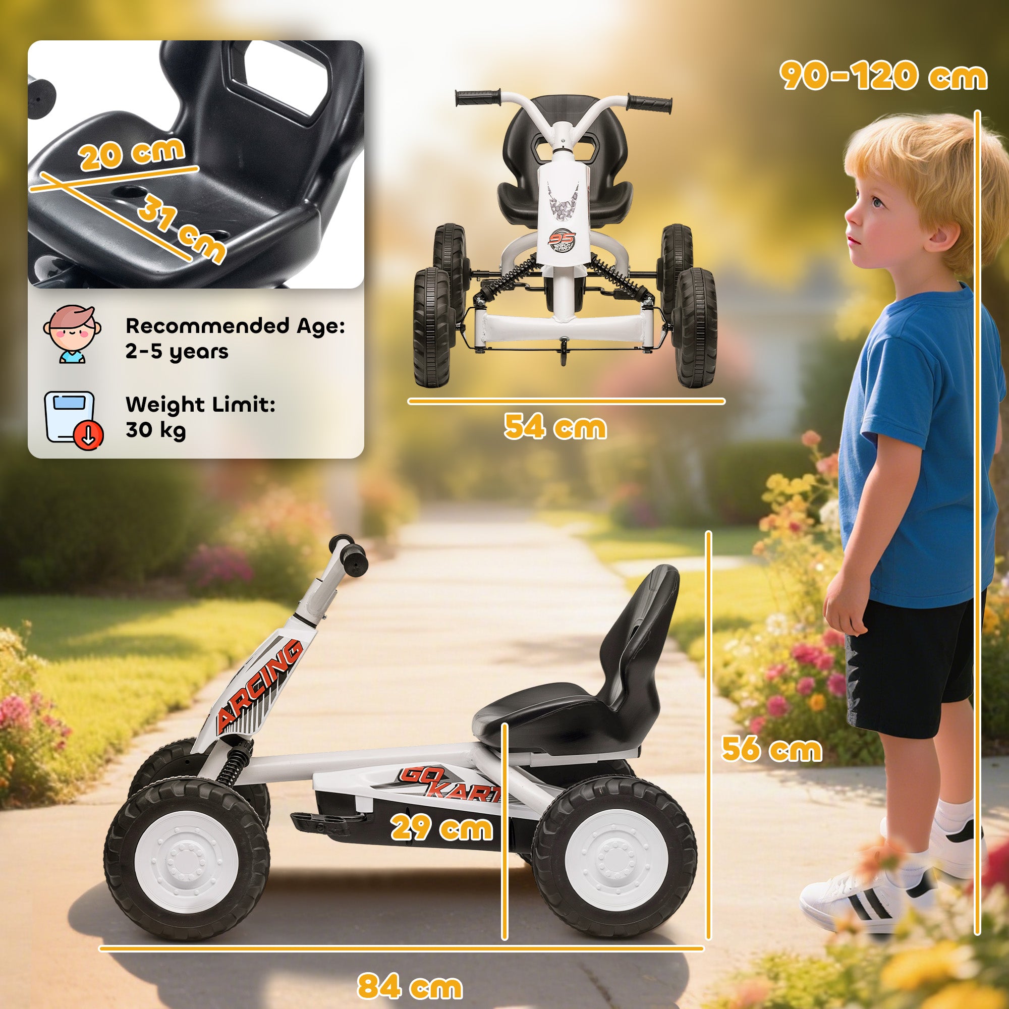 AIYAPLAY Kids Pedal Go Kart with Steel Frame, Sporty Design, for Ages 2-5 Years, White 