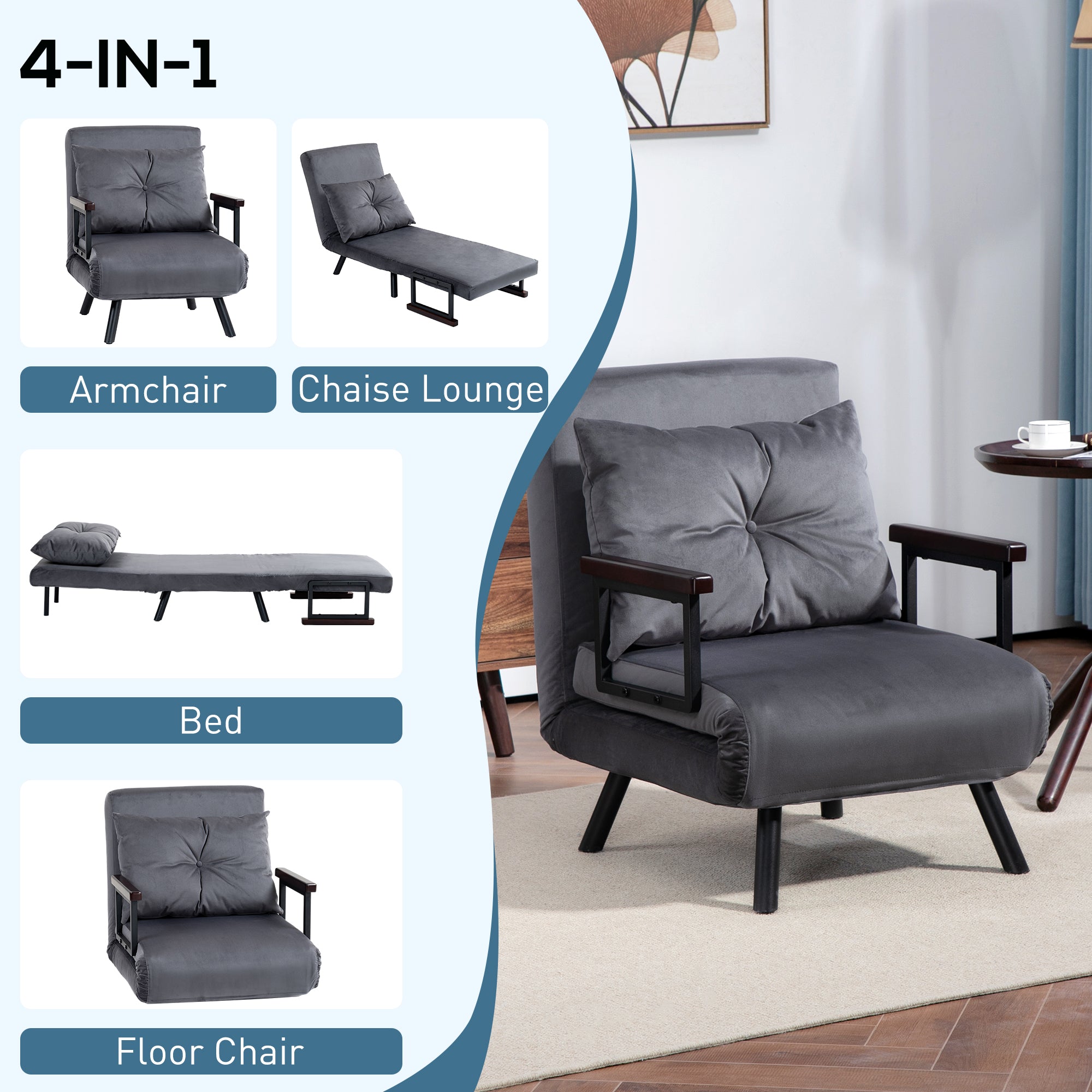 HOMCOM 4-in-1 Velvet-Feel Single Chair Bed, with Pillow - Charcoal Grey 