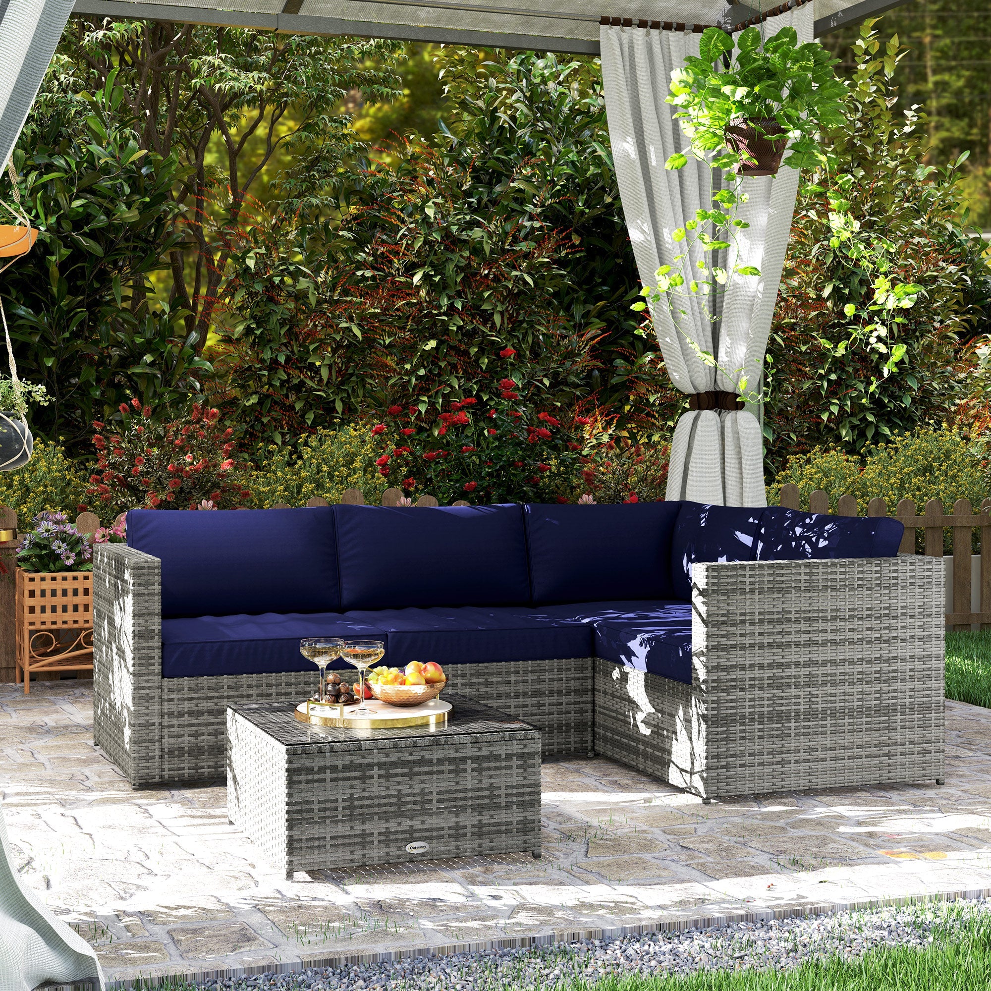 Outsunny 3 Pieces PE Rattan Garden Furniture Set with 10 cm Thick Cushions, 4 Seater Garden Corner Sofa Set with Glass Top Coffee Table, Outdoor Furniture for Patio, Porch, Blue 