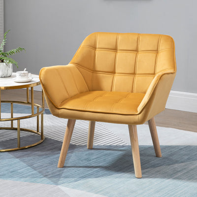 HOMCOM Armchair Accent Chair, Vanity Chair with Wide Arms, Slanted Back, Padding, Metal Frame, Wooden Legs, Home Bedroom Furniture Seating, Set of 2, Yellow 