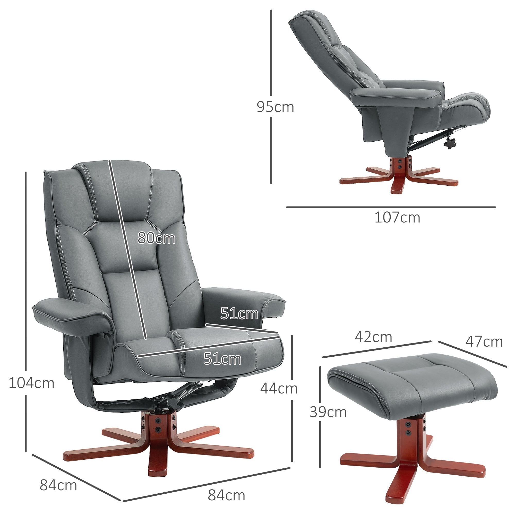 HOMCOM Faux Leather Manual Recliner and Footstool Set - Grey 