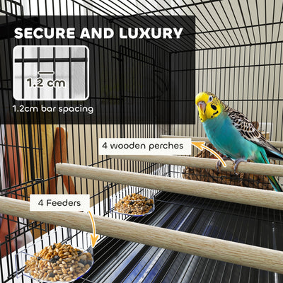 PawHut Bird Cage with Divider, 4 Wooden Perches, Slide Out Tray, 4 Feeders, for Budgie, Lovebird, Canary, 76 x 46 x 46cm, Black 