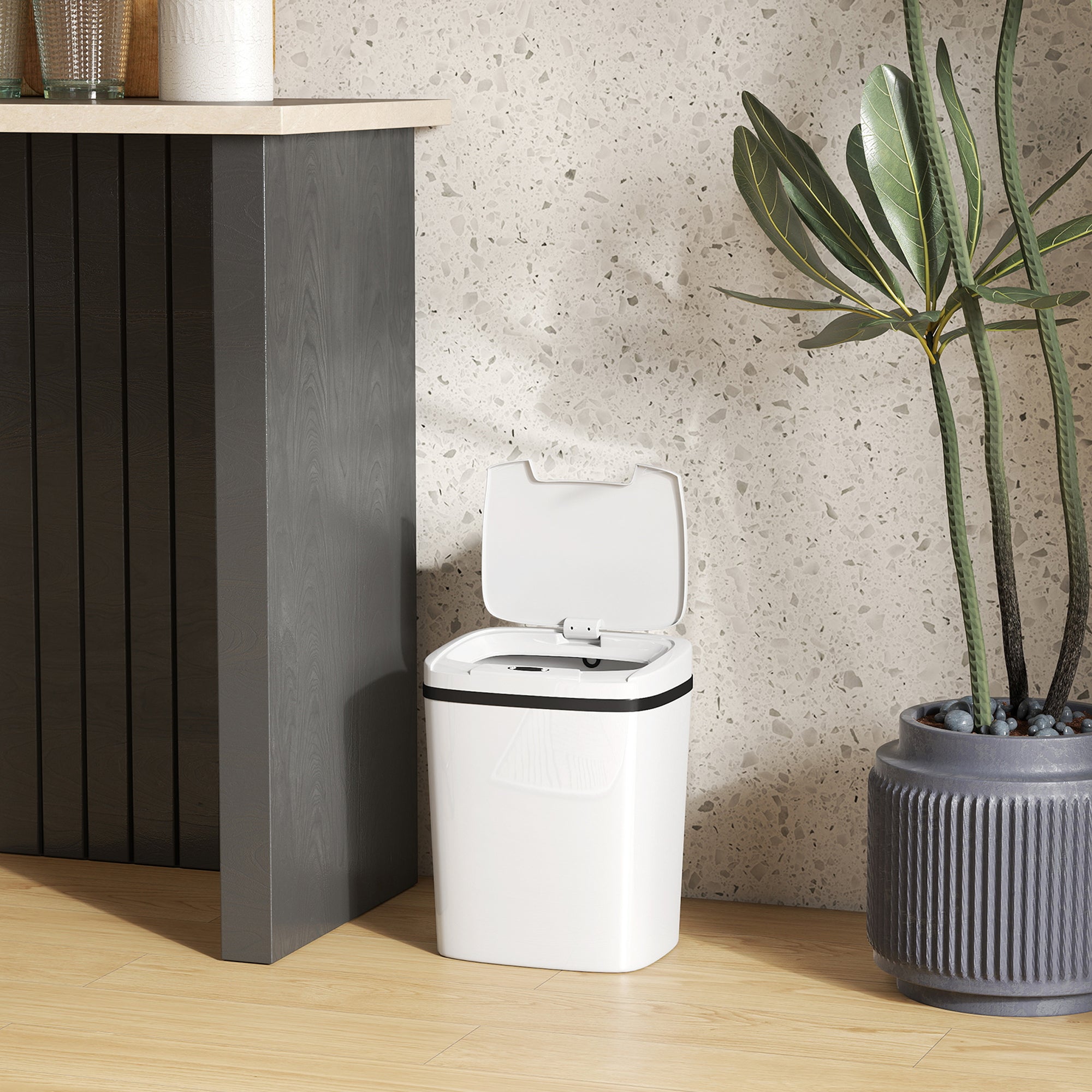 HOMCOM 15L Sensor Bin, Automatic Touchless Kitchen Bin, Easy Clean, Battery Operated for Home Office, Bedroom, Bathroom, White 