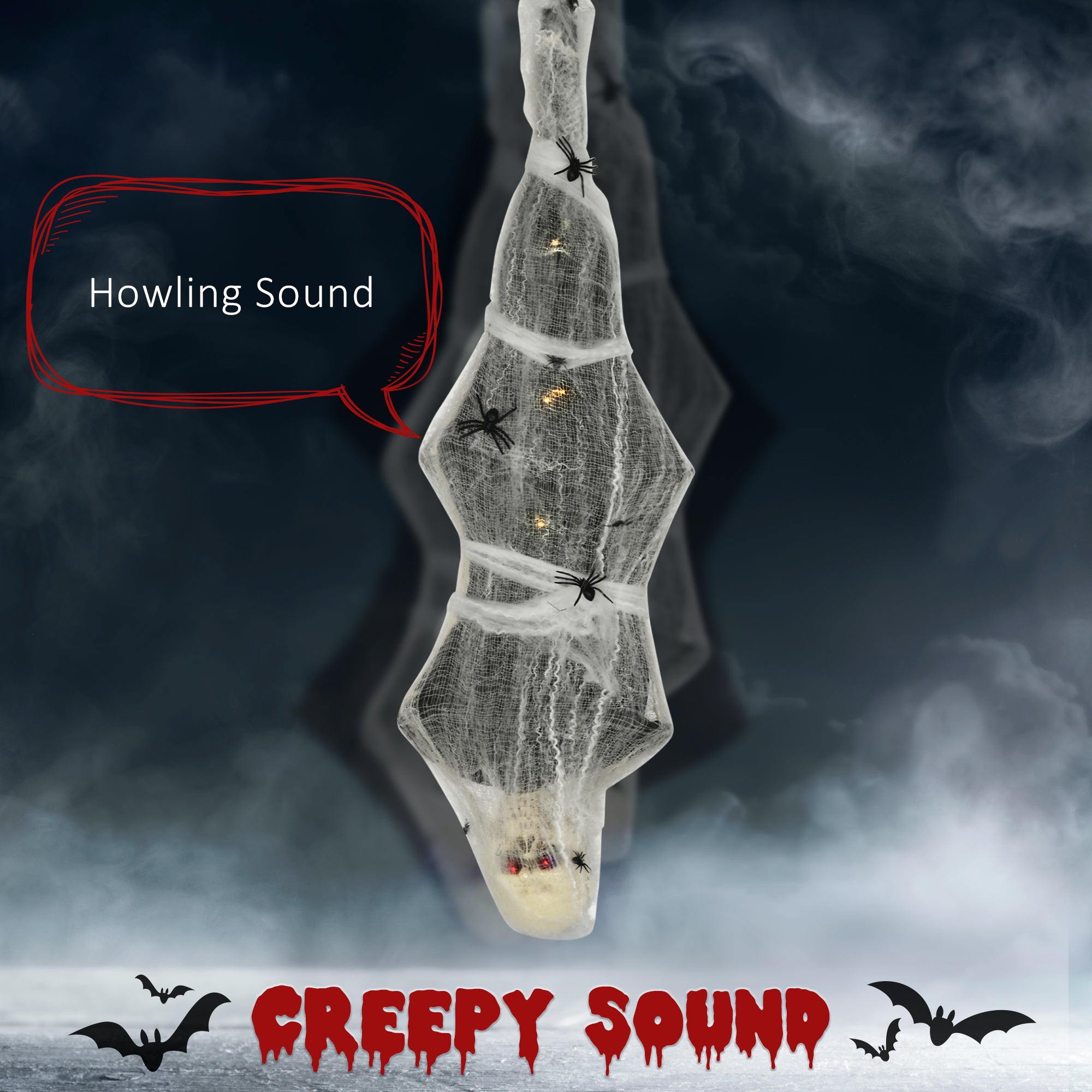 HOMCOM 4.7ft Life Size Outdoor Halloween Decoration Hanging Mummy with Spider Web, Animated Prop Decor with Sound and Motion Activated, Light Up Eyes, Howling Sound, Posable Arms, Moving Body